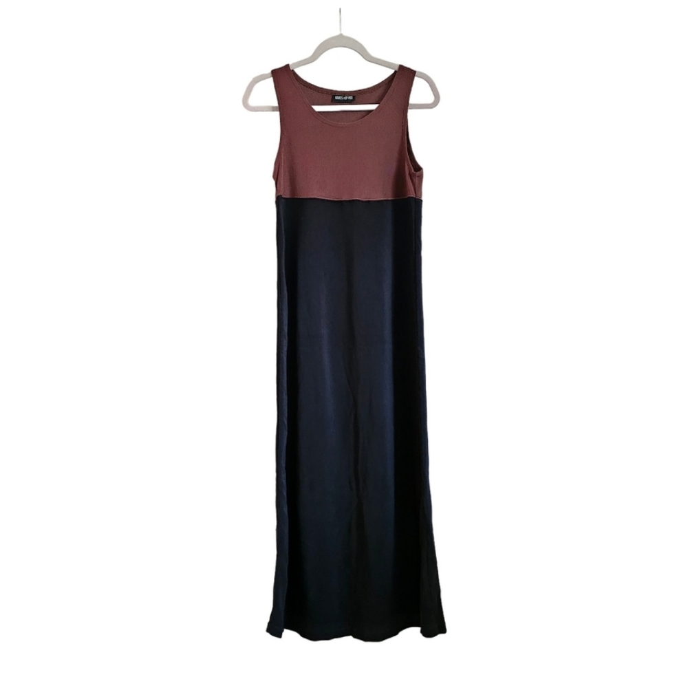 Vintage ribbed knit maxi tank top dress black size medium relaxed sleeveless